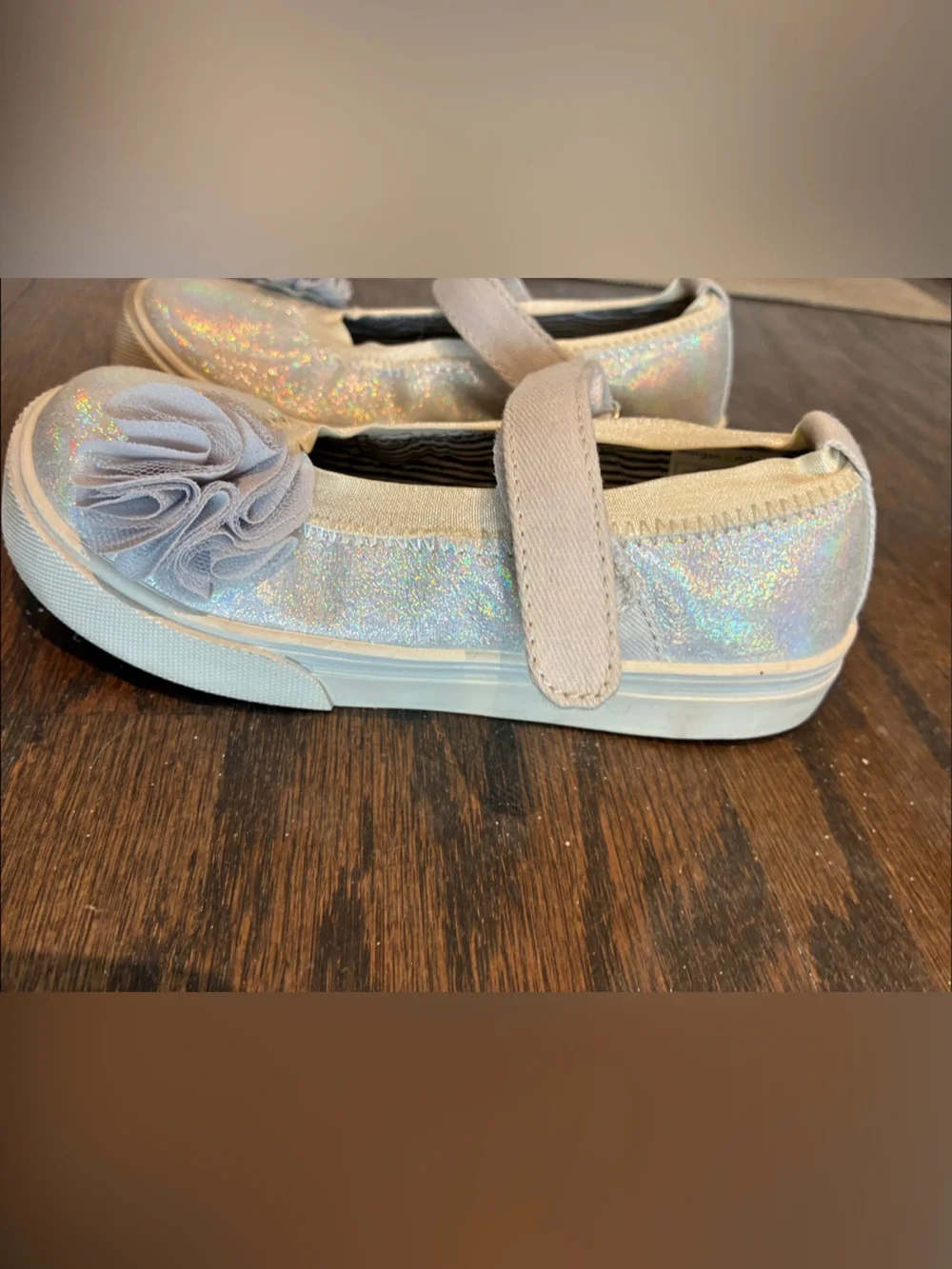 Morgan & Milo Iridescent White Girls' Mary Jane Shoes with Flower Accent